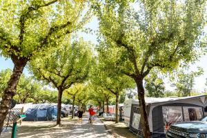 Campingplatz mit Bäumen und Zelten, Leute gehen den Weg entlang.