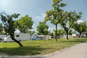 Campingplatz mit Wohnwagen und Zelten zwischen Bäumen und grünem Gras.