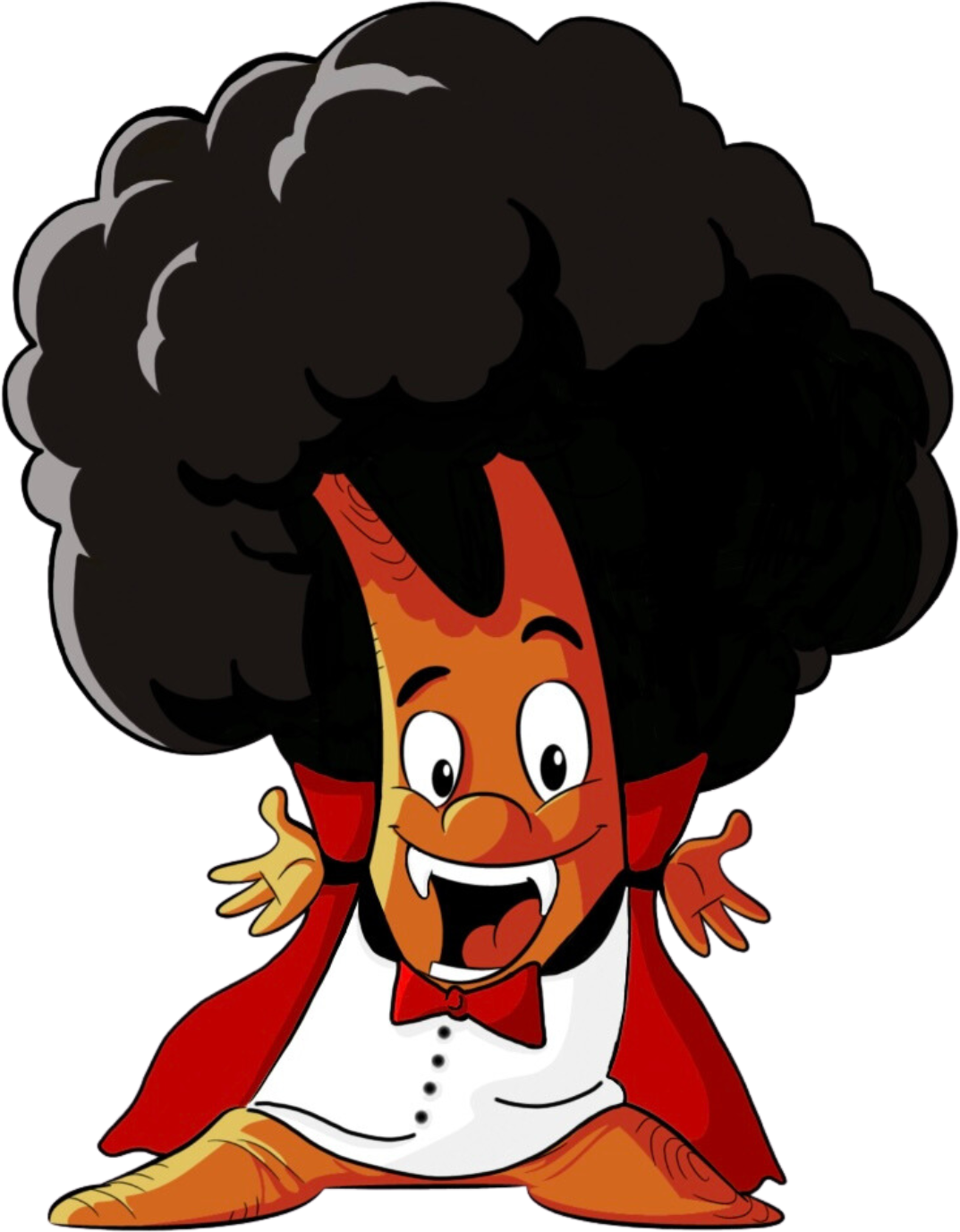 Cartoon character with afro hair, red cape, and vampire teeth.